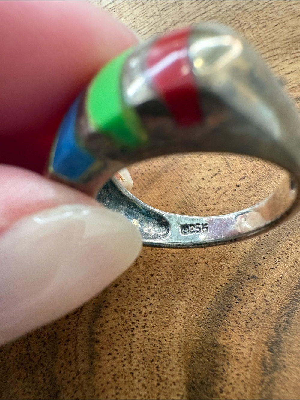 Vintage Colorful Sterling Silver With Striped Inlay Stones - Size 7.5 - Picture 8 of 14